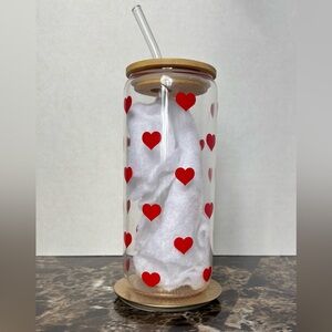 Heart Patterned Glass Cup with Straw